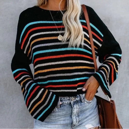 Gemütlicher gestreifter V-Ausschnitt-Strickpullover für lässigen Komfort