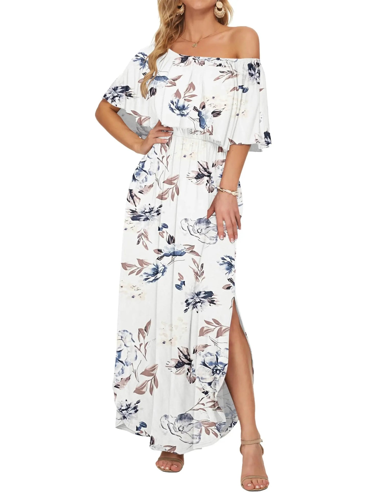 Damen Blumiges Schulterfreies Sommer-Maxikleid