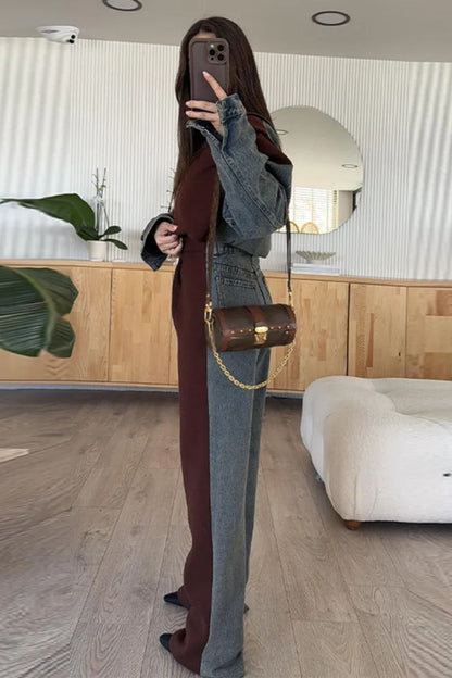 Lässige Jeans Patchwork Reißverschluss Sweatshirtjacke