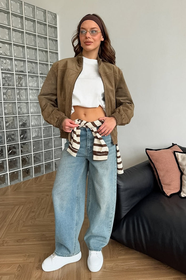 Vintage Wildlederjacke mit Stehkragen für stilvolles Schichten