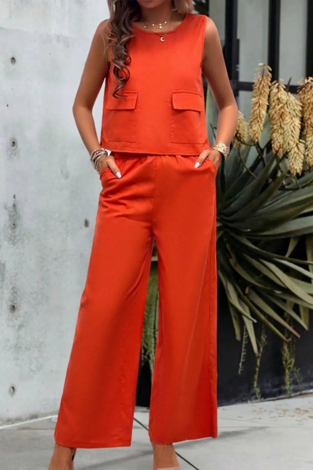 Damen Rundhals-Top und Hosen im weitem Bein Set