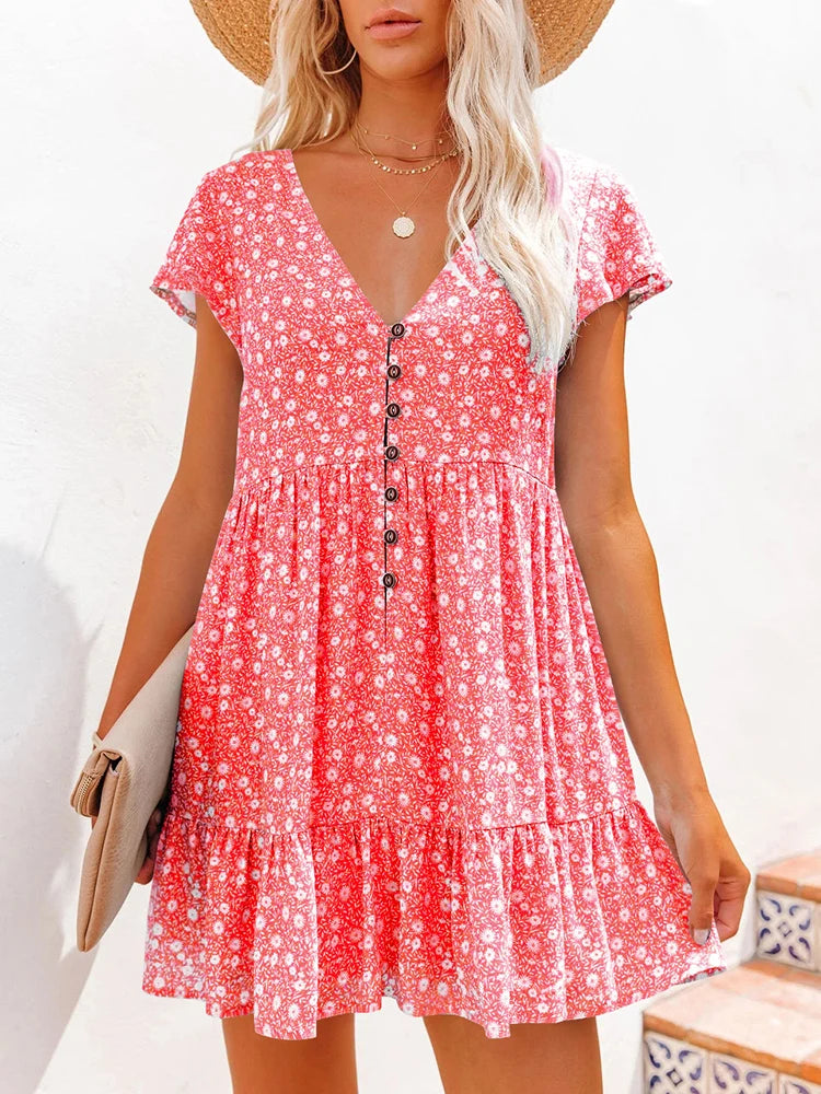 Damen Sommer Blumen V-Ausschnitt A-Linien Minikleid