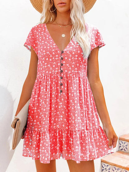Damen Sommer Blumen V-Ausschnitt A-Linien Minikleid