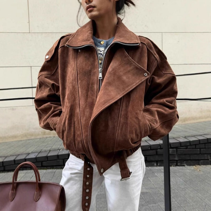 Oversize Bomberjacke im Wildleder-Look mit asymmetrischem Reißverschluss
