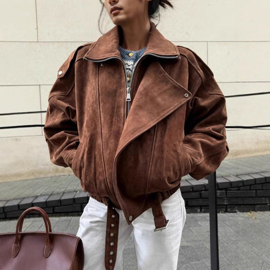 Oversize Bomberjacke im Wildleder-Look mit asymmetrischem Reißverschluss