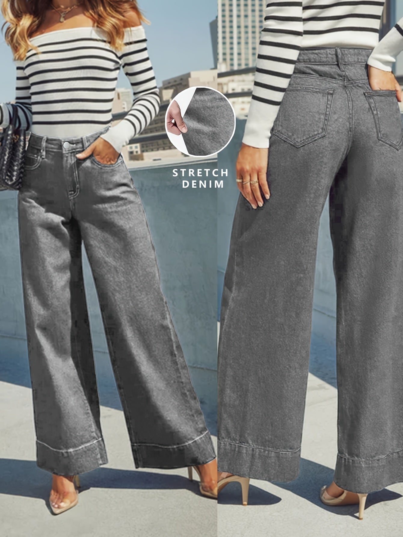 Hochtaillierte, weit geschnittene Stretch-Jeans mit Umschlag am Saum