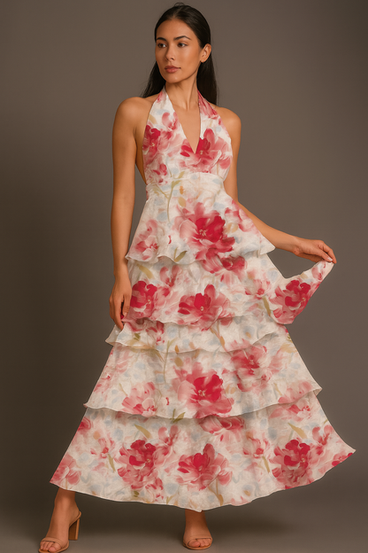 Maxikleid mit Blumenmuster, Neckholder, Stufen und Volants, Taillendetail