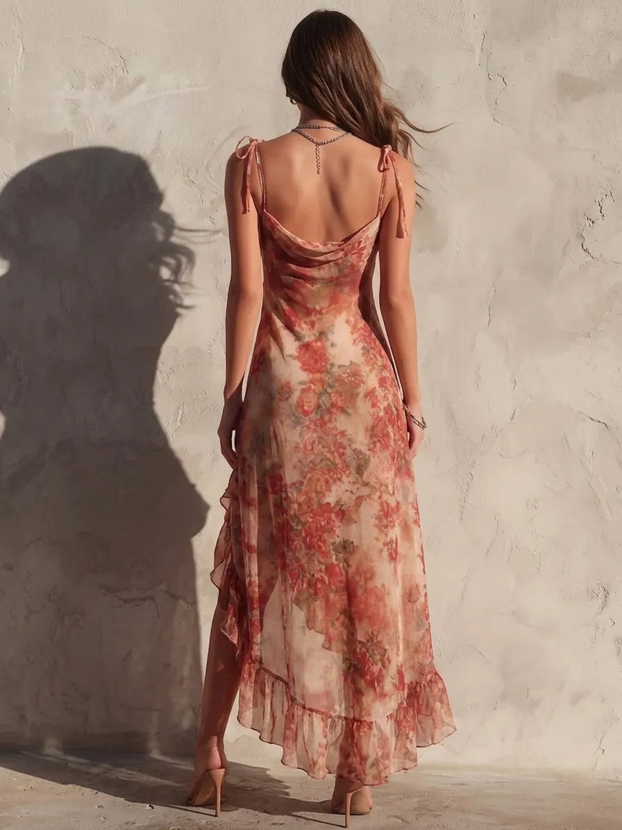 Asymmetrisches Blumenmuster Kleid mit Rüschendetails und Seitenschlitz