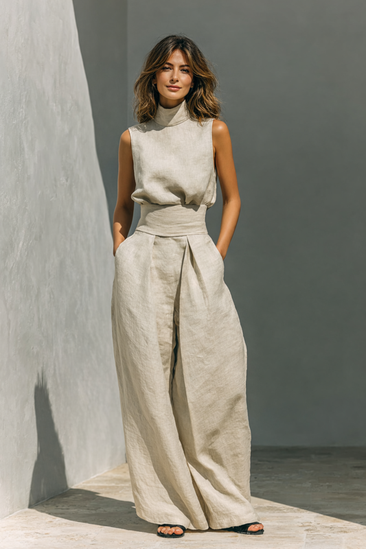 Damen Minimalistisches Baumwoll-Leinen Tanktop und Weite Hosen Set