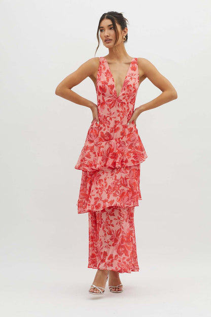 Maxikleid mit Trägern, Blumenmuster und Volants für mühelose Sommerstimmung