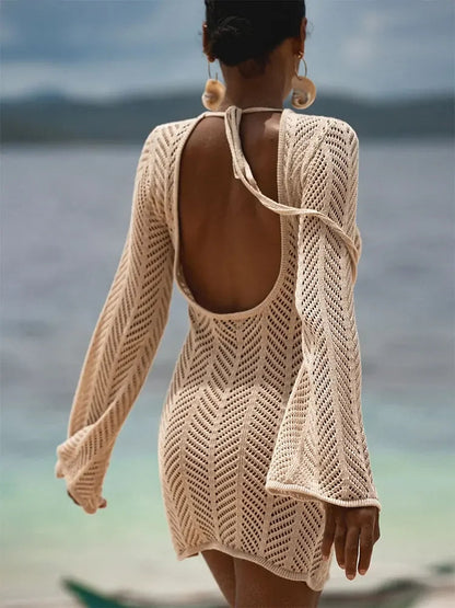 Rückenfreies gehäkeltes Mini-Strickkleid mit langen Ärmeln, transparenter Strandüberwurf