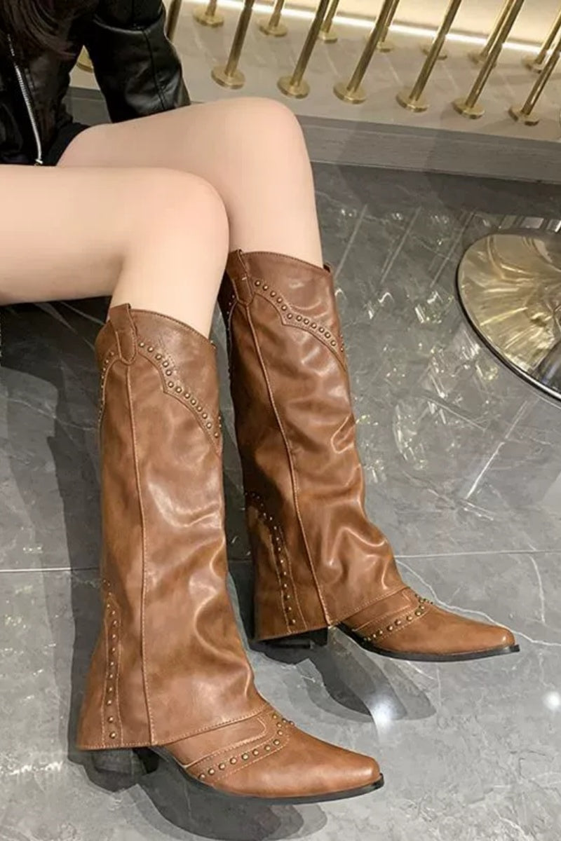 Vintage Leder Nieten Stiefel mit hohem Schaft