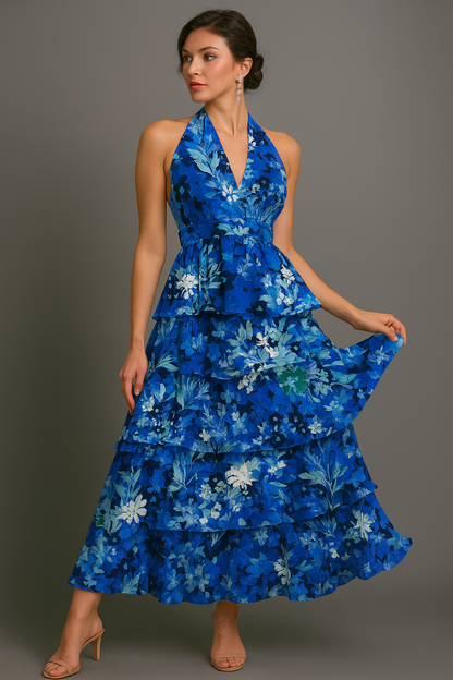 Maxikleid mit Blumenmuster, Neckholder, Stufen und Volants, Taillendetail