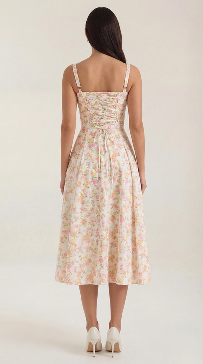 Damen Midikleid mit Blumenmuster Hochzeitsgastkleid