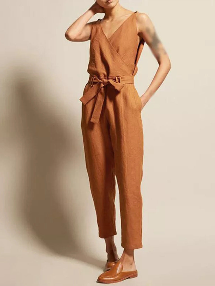 Damen Casual Jumpsuit mit V-Ausschnitt und Gürtel