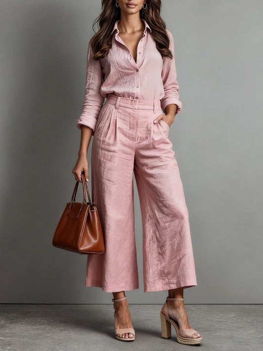 Damen Rosa Leinen Caprihose und Weites Hemd Set