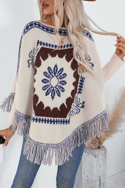 Boho Strickpullover mit Quasten-Saum