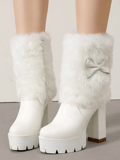 Plüschstiefel mit klobigem Absatz und Vintage-Schleifenakzent