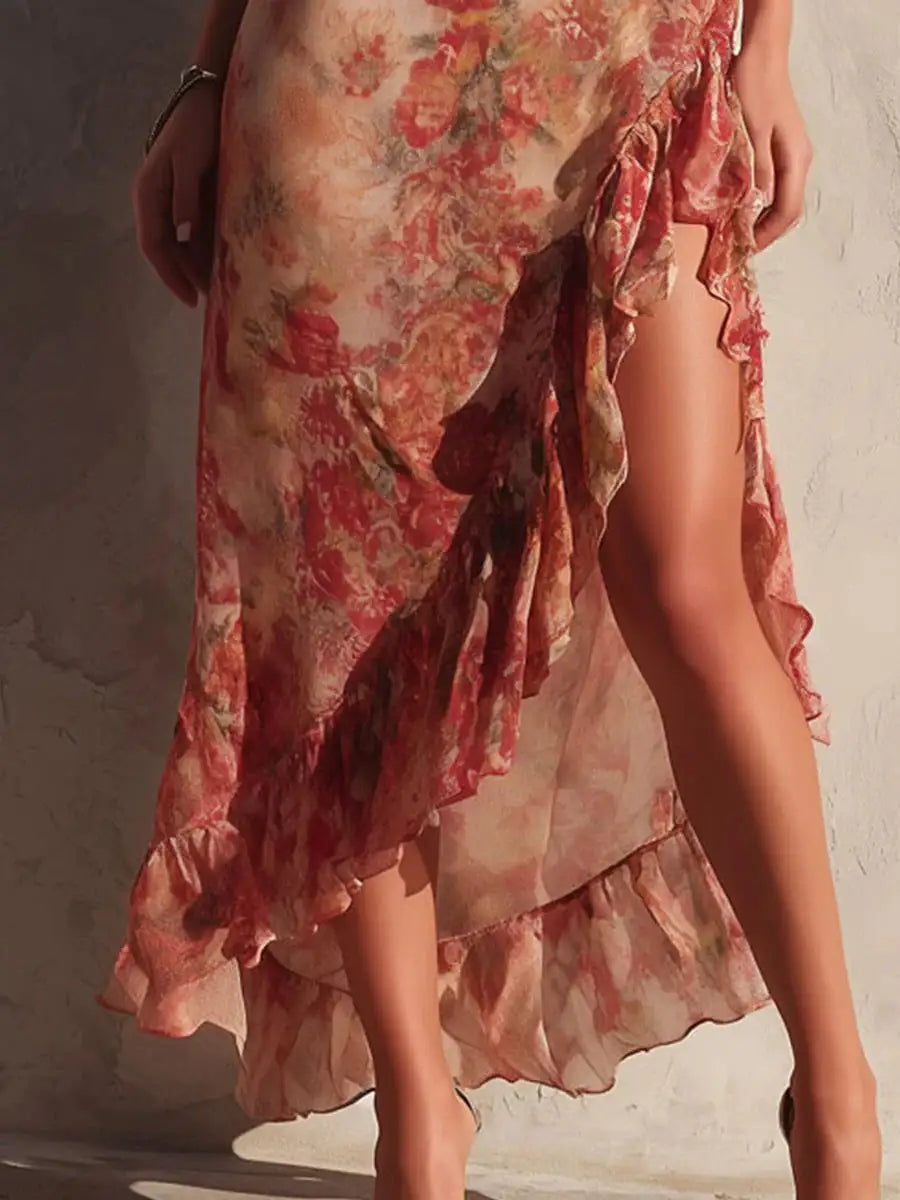 Asymmetrisches Blumenmuster Kleid mit Rüschendetails und Seitenschlitz