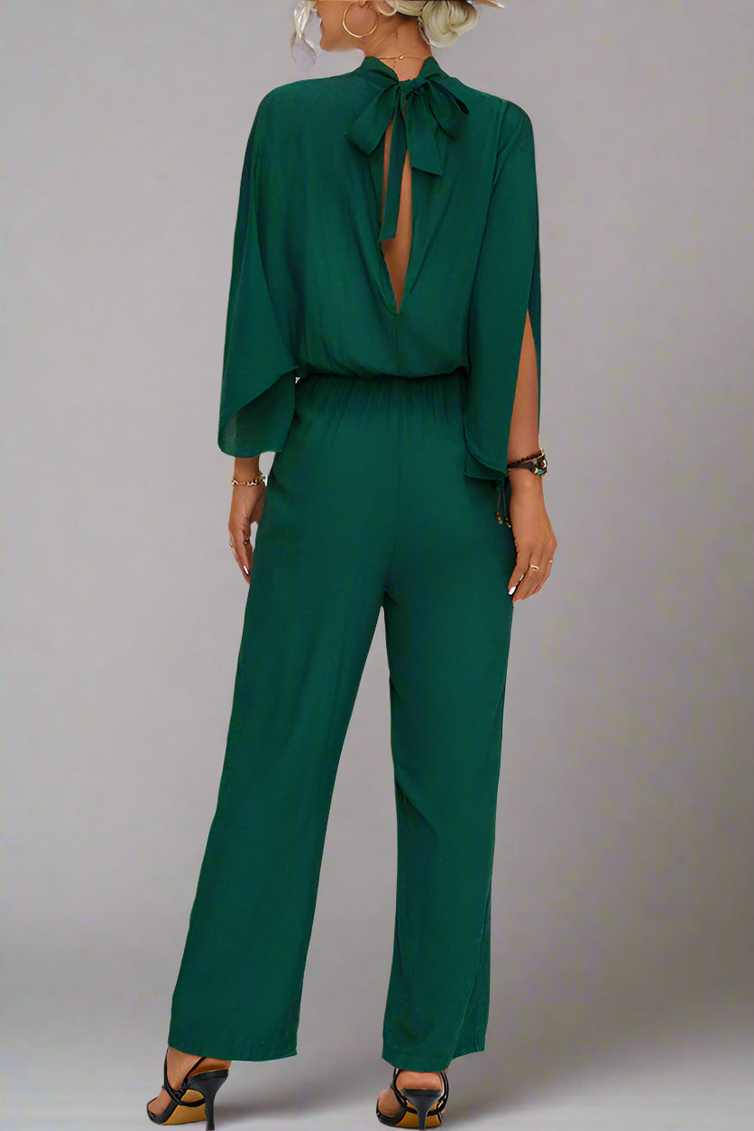 Damen Einfarbiger Jumpsuit mit Schnürung, Rückenschlitz und Langarm