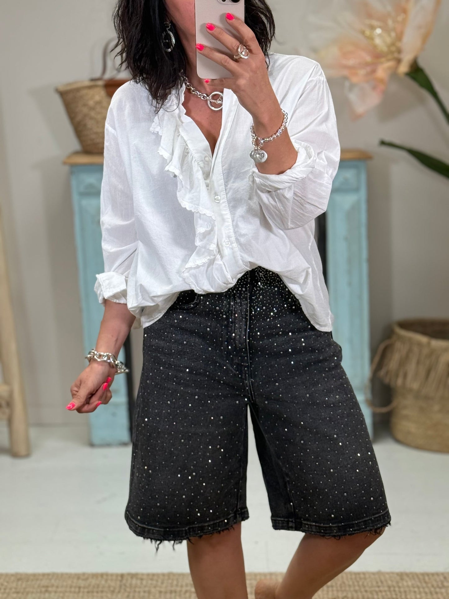 Verzierte Denim Bermuda-Shorts