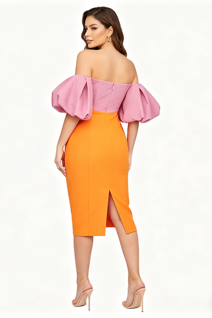 Midi-Kleid mit farbigen Puffärmeln