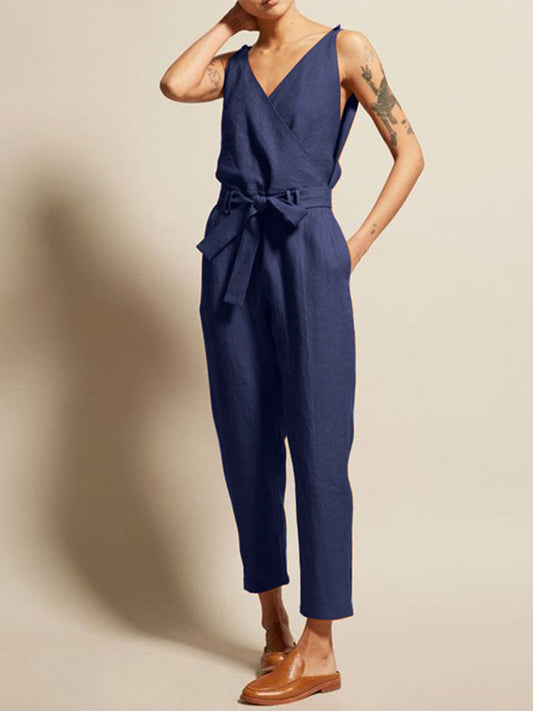 Damen Casual Jumpsuit mit V-Ausschnitt und Gürtel