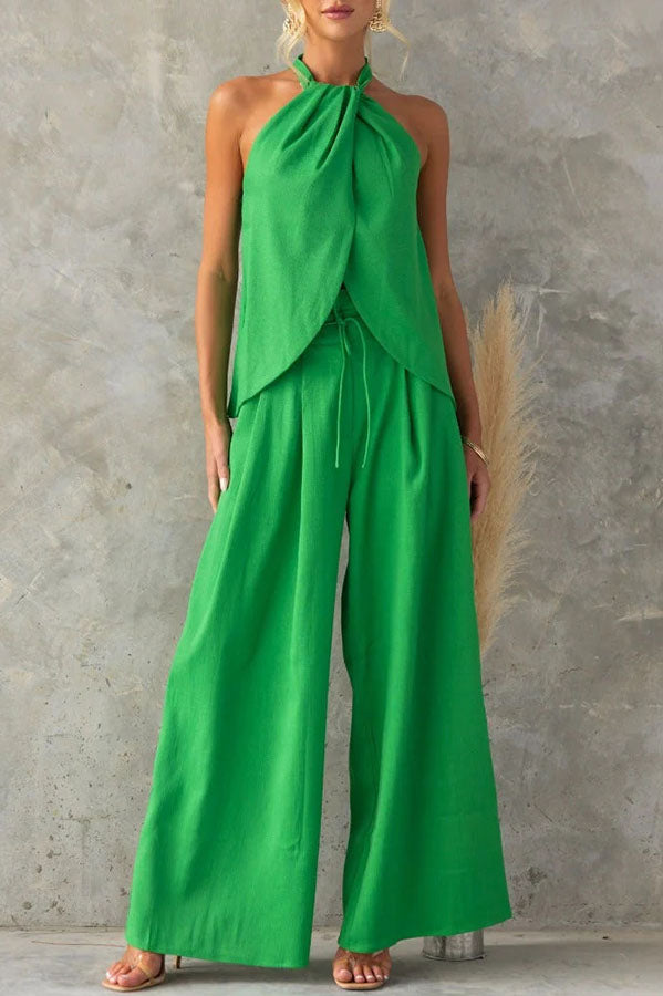 Leinenmischung Oberteil mit Schlitz vorne und weite Hose Set