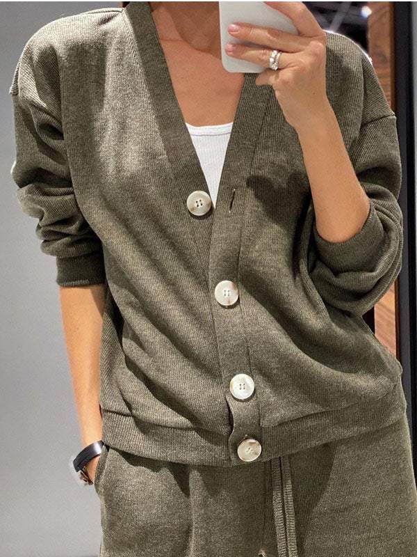 Gemütliches legeres V-Ausschnitt Pullover- und Hosen-Set