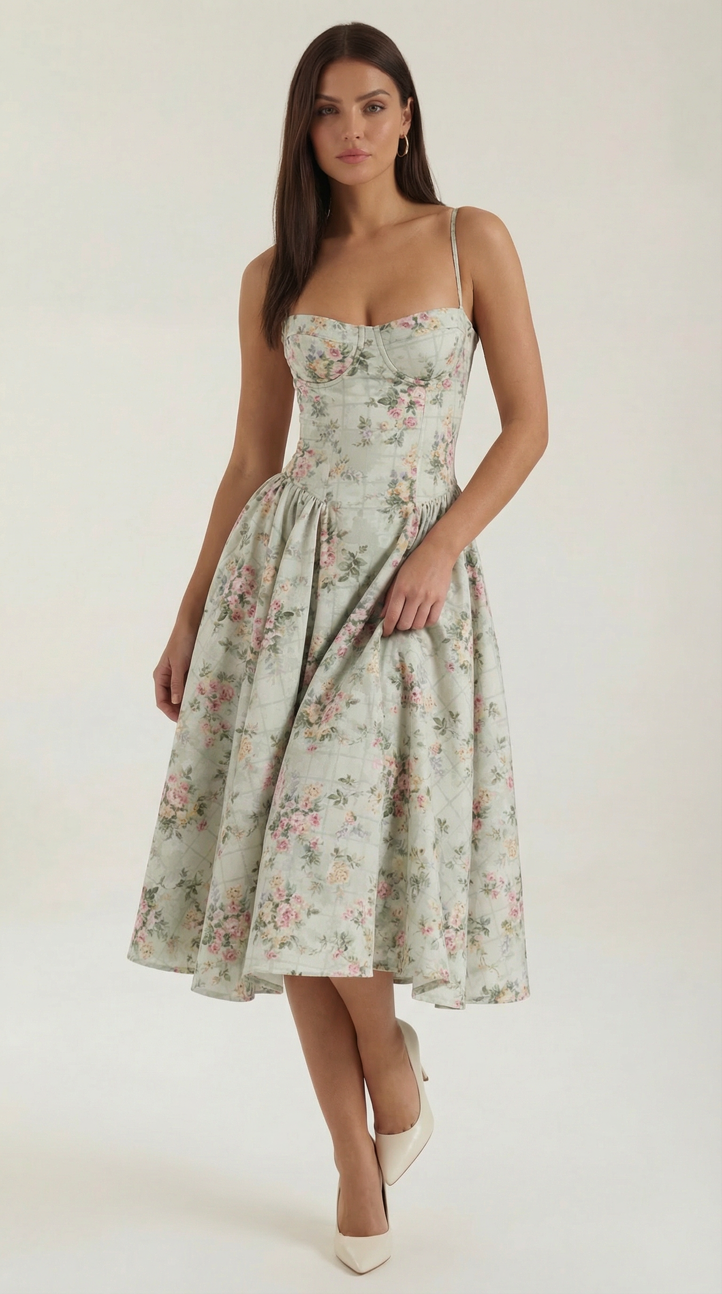 Damen Midikleid mit Blumenmuster und Korsett sowie herzförmigem Ausschnitt
