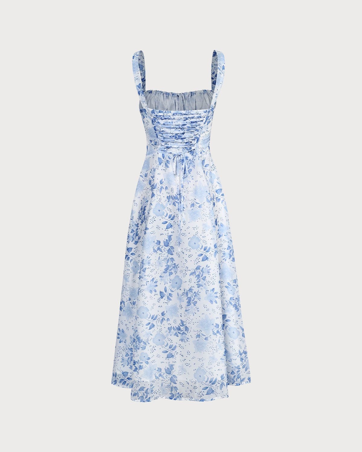 Blaues Midikleid mit Blumendruck, Raffung und quadratischem Ausschnitt