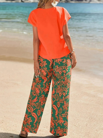 Damen V-Ausschnitt Oberteil mit Blumenmuster und Sommerhose Set