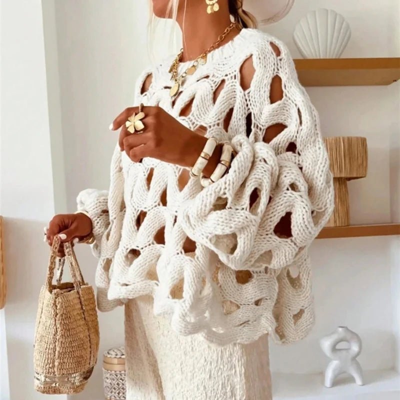 Damen Pullover mit langen Ärmeln und Häkelstrickmuster