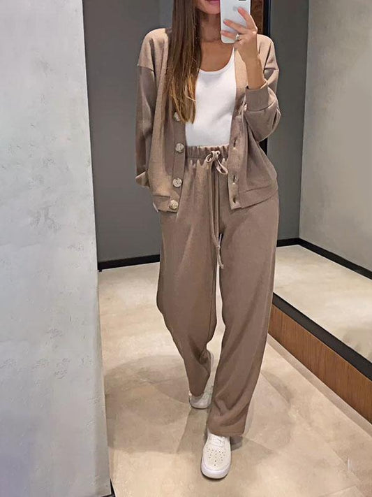 Gemütliches legeres V-Ausschnitt Pullover- und Hosen-Set