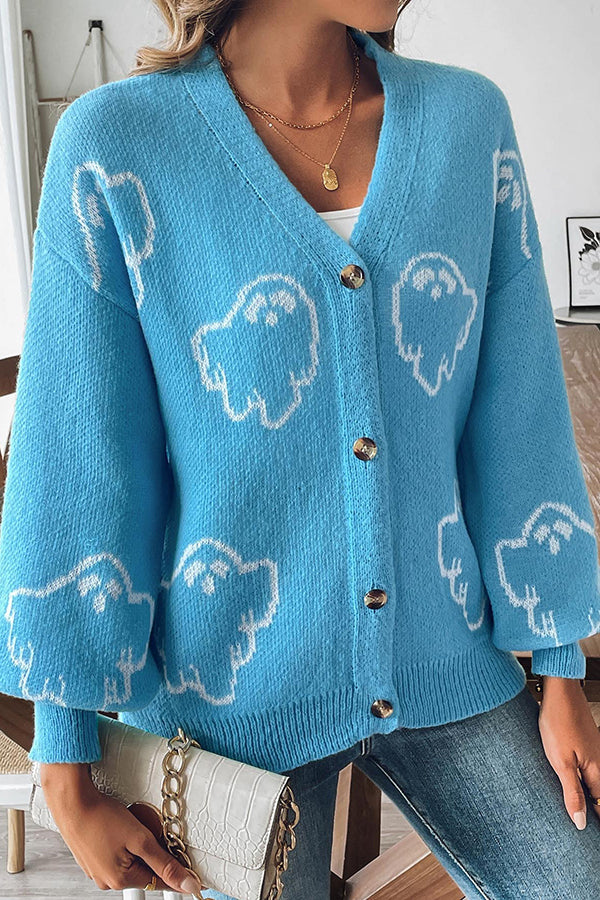 Gemütlicher gestrickter Halloween-Geister-Pullover mit Knopfleiste