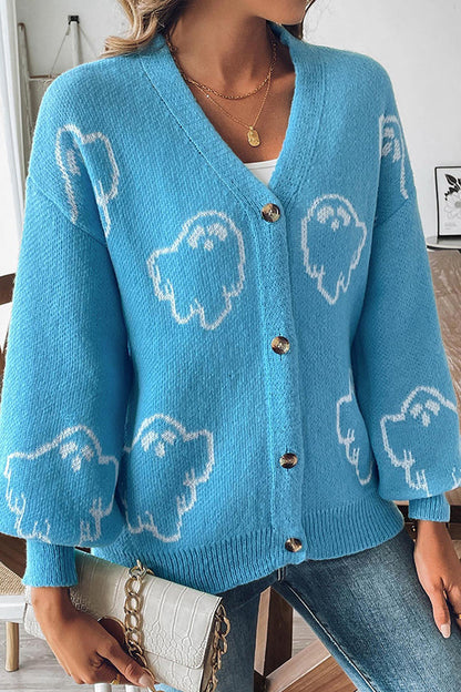 Gemütlicher gestrickter Halloween-Geister-Pullover mit Knopfleiste