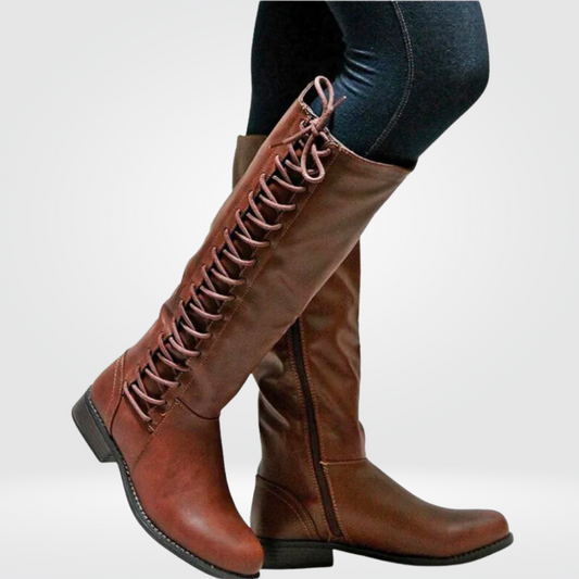 Damen Stiefel mit Lederoptik, Blockabsatz, Reißverschluss und Schnürung