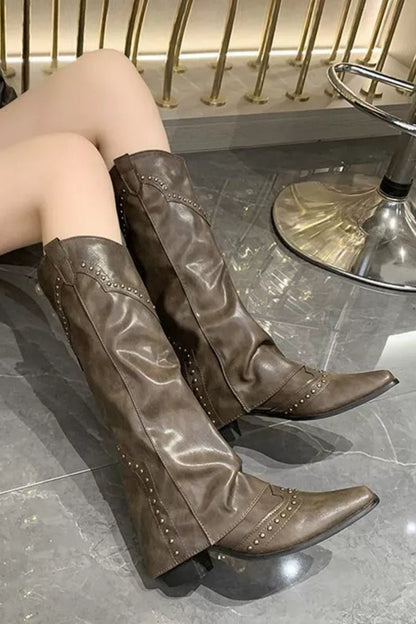 Vintage Leder Nieten Stiefel mit hohem Schaft