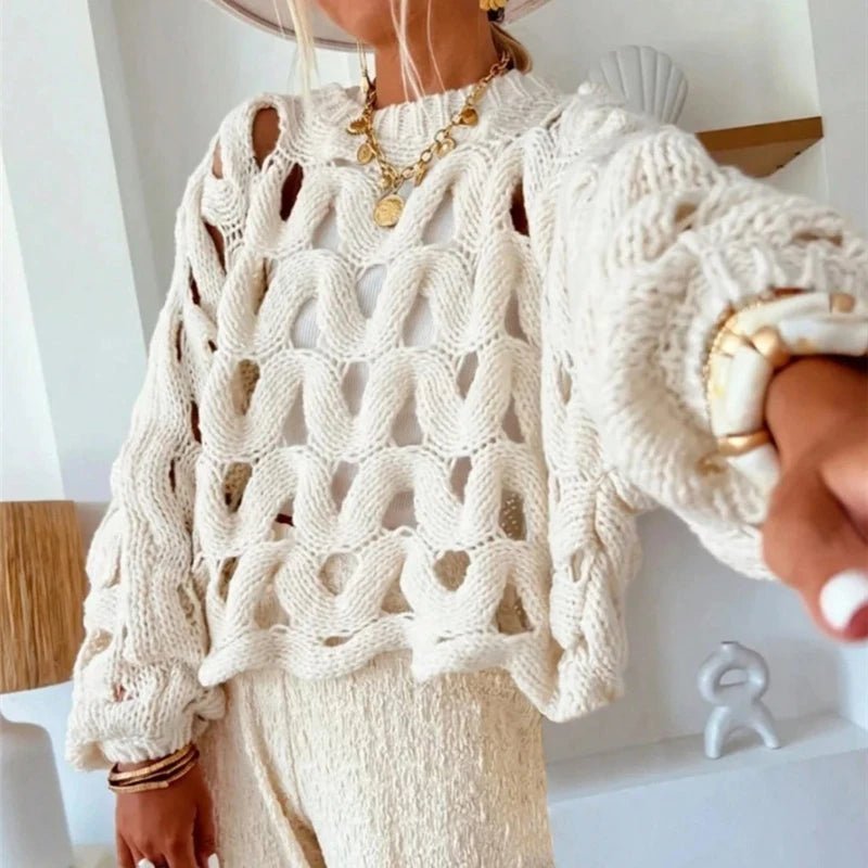 Damen Pullover mit langen Ärmeln und Häkelstrickmuster