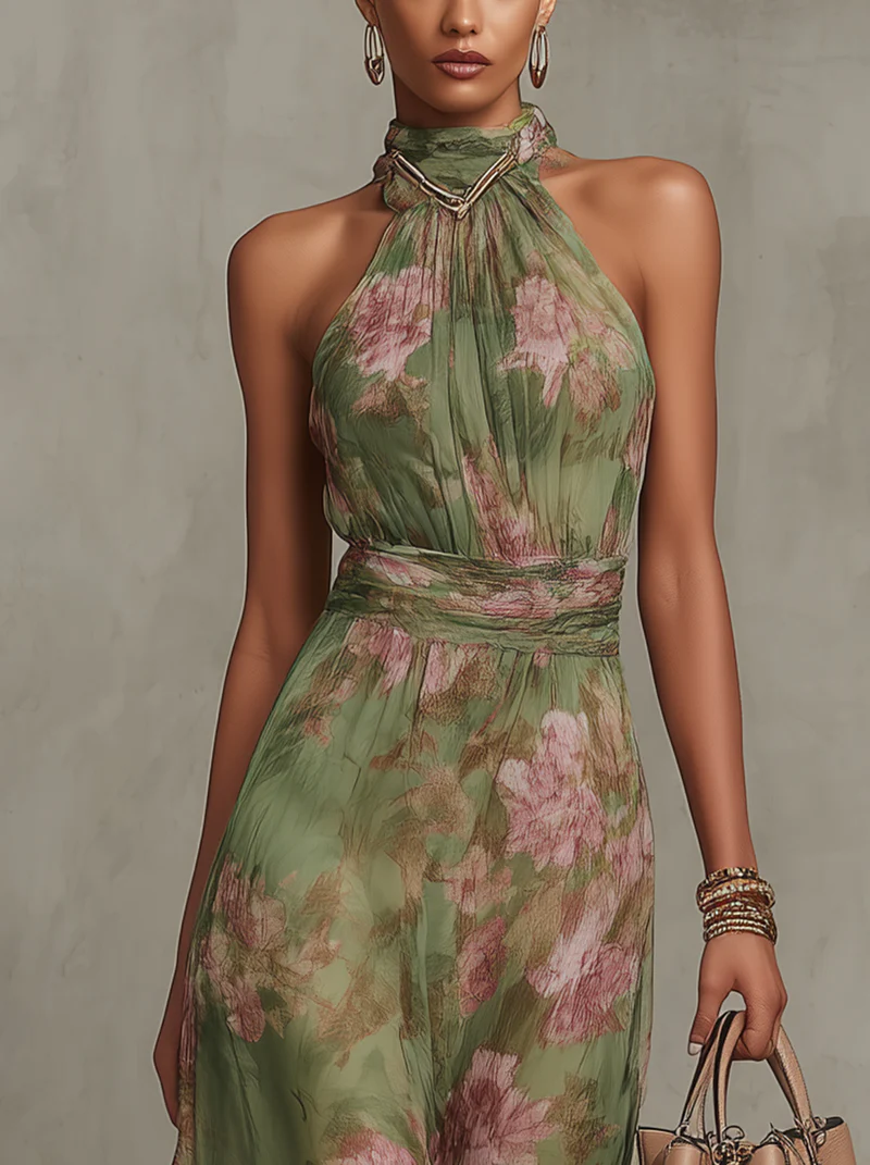 Grünes Blumenmuster Chiffon Maxikleid mit Neckholder