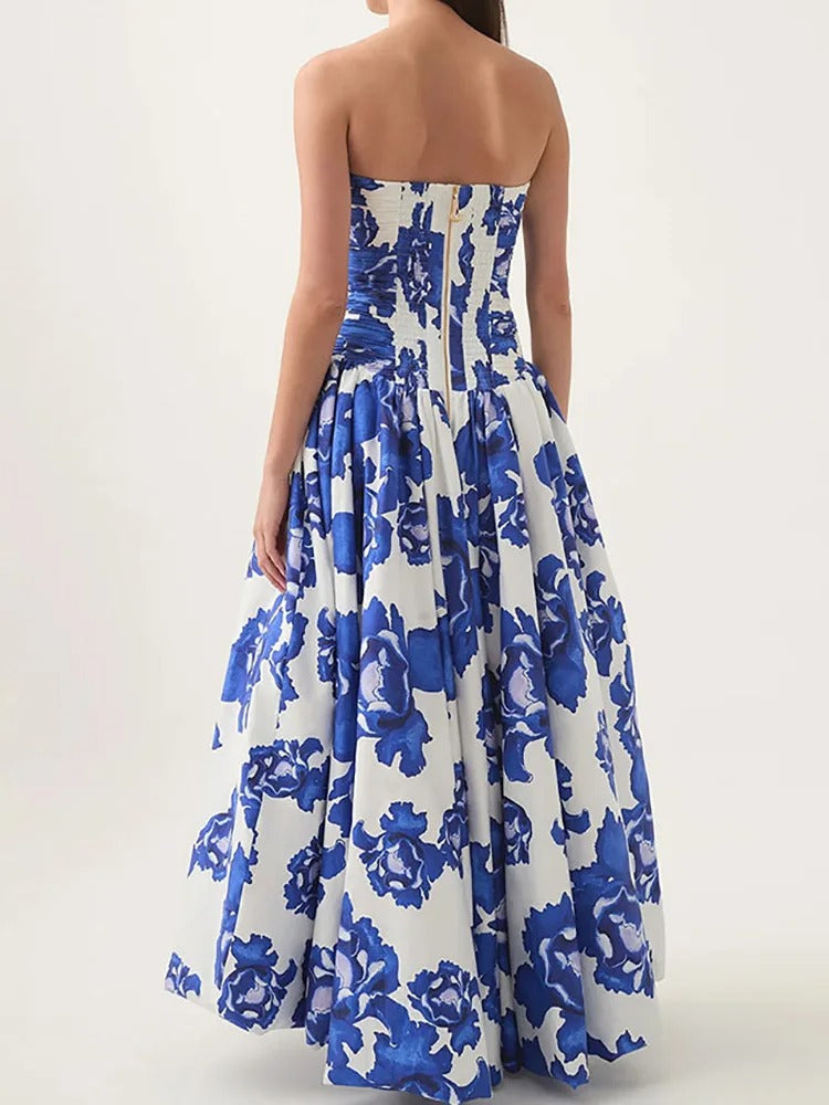 Maxikleid mit Blumenmuster, Carmen-Ausschnitt und gerafftem Saum