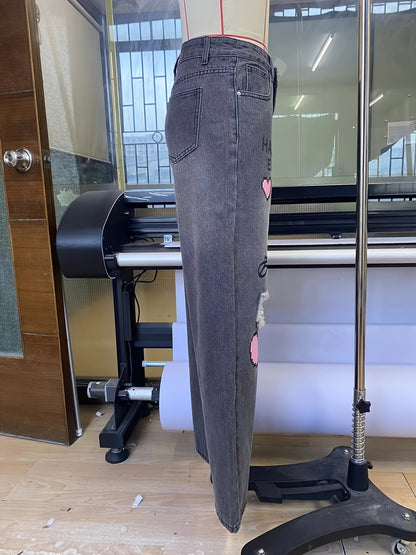 High-Waist Weitbein Grafik Denim Jeans