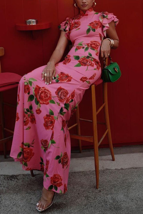 Floral Cheongsam Maxikleid mit eleganten ausgestellten Ärmeln
