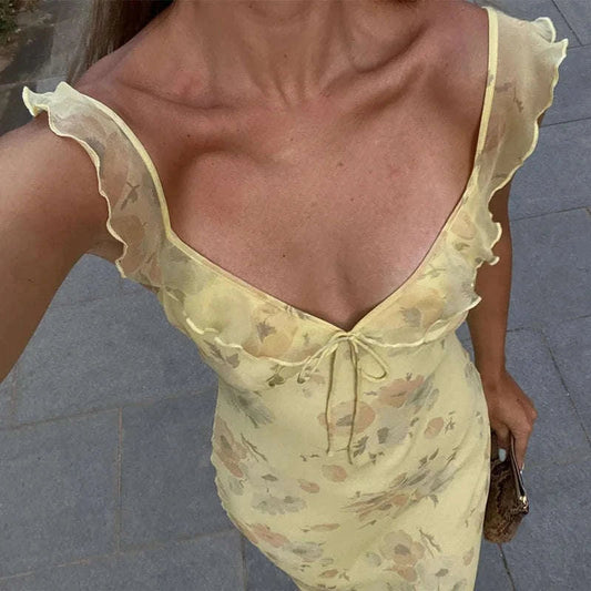 Maxikleid mit Blumenmuster, tiefem Ausschnitt und Rückenausschnitt