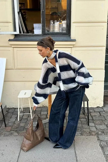 Gestreifter V-Ausschnitt Lockerer Strickcardigan