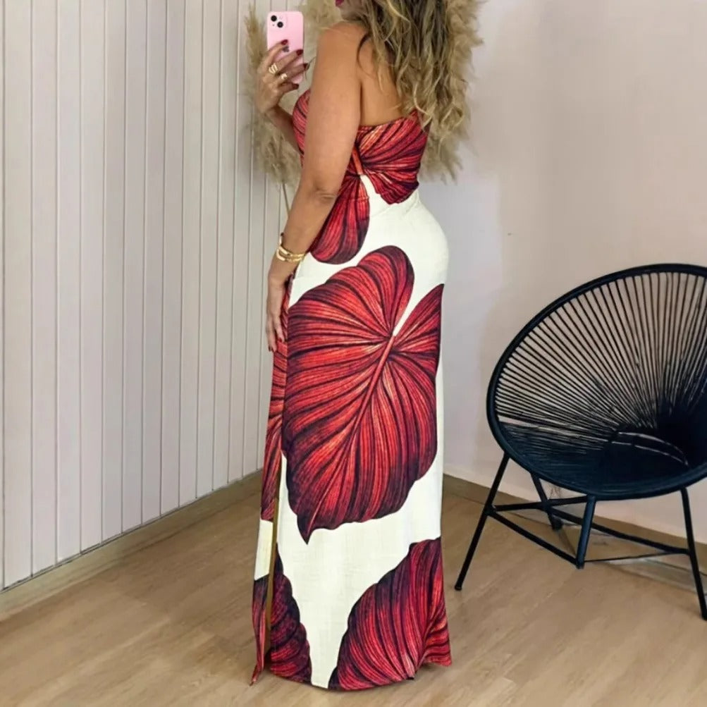 Elegantes Maxikleid mit Palmenprint und einseitigem Träger