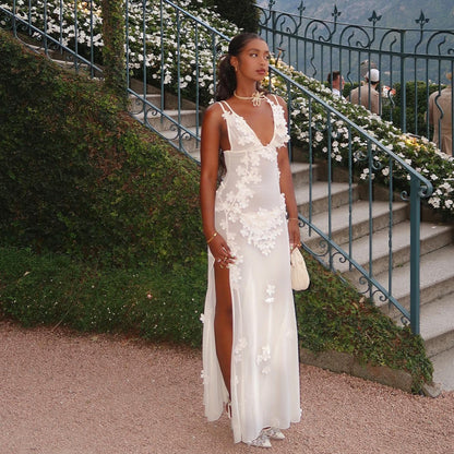 Weißes Mesh-Maxikleid mit Blumengestick