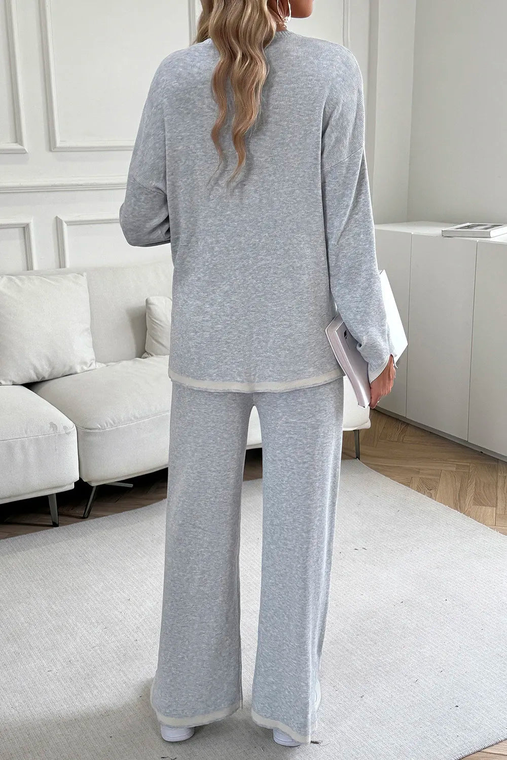 Kontrastbesatz Rundhals-Top und Hosen-Set