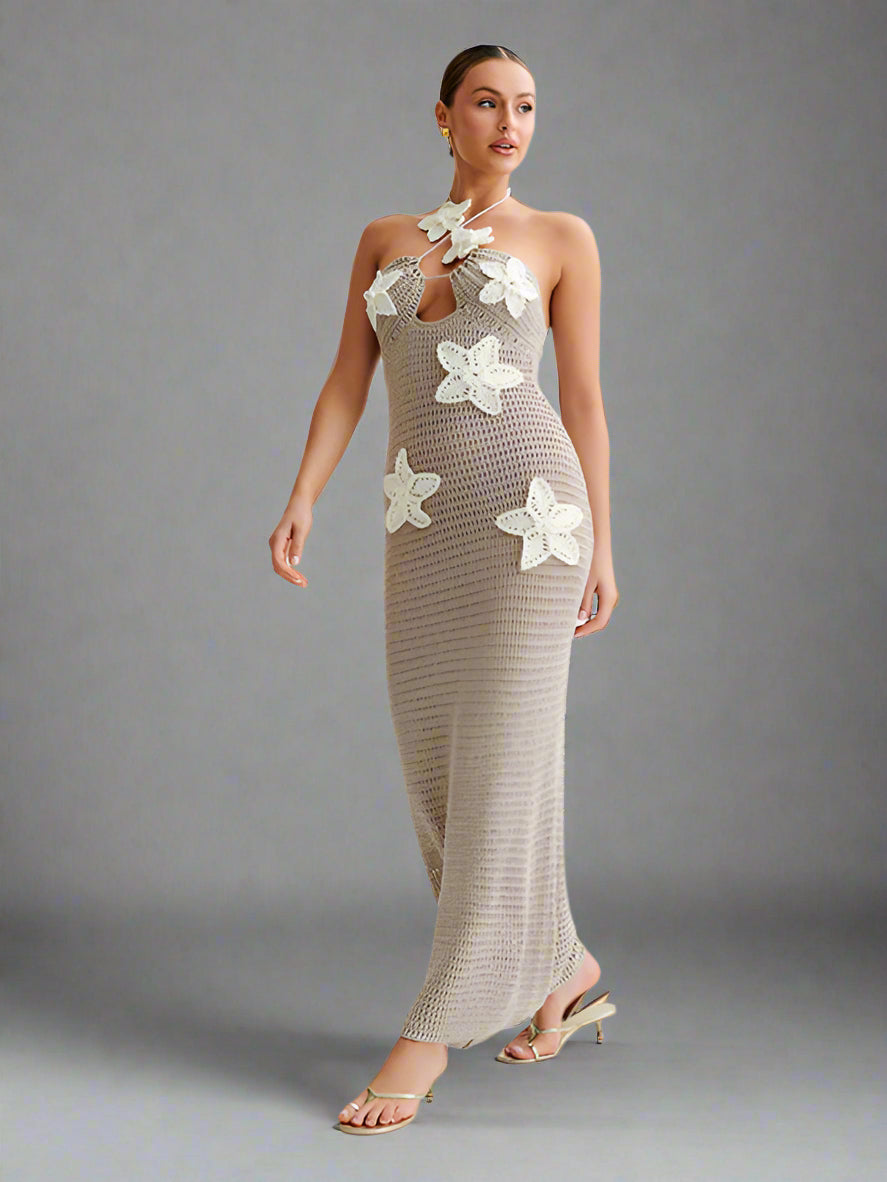 Oli® | Elegantes Strickkleid mit Hohlsaum, ärmellos, Neckholder und Bindeband