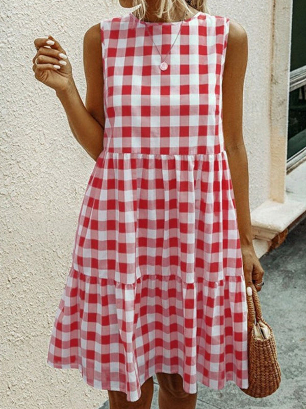 Müheloses ärmelloses Mini-Kleid mit Karomuster und plissierten Details